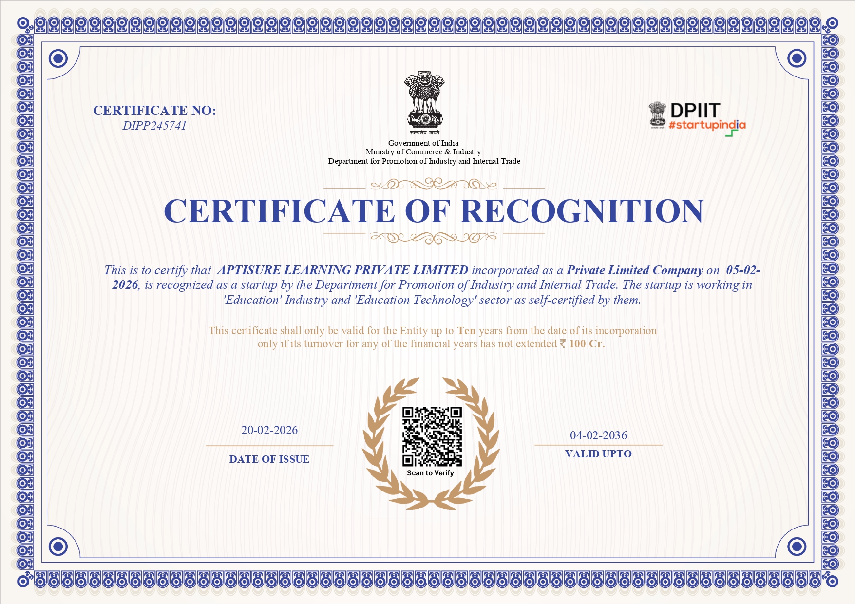 DPIIT Startup India Certificate of Recognition